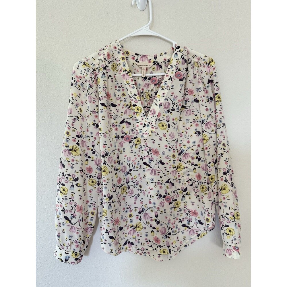 REBECCA TAYLOR Floral Silk V-Neck Blouse Coquette Too Flowy Size 0 Cottagecore